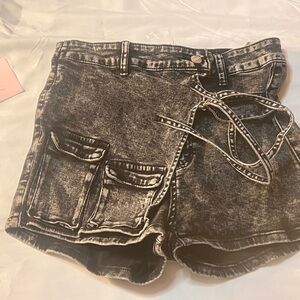 Zara Black Cargo Shorts with Distressed Denim Look